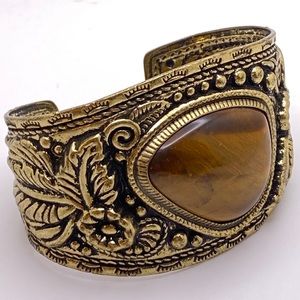 MASSIVE Real Tiger Eye Embossed Brass Vintage Cuff Bracelet It is Striking Wow